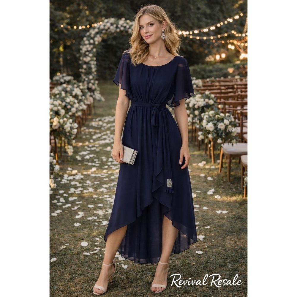 Romantic Navy Blue Chiffon Hi/Low Dress Flutter Sleeve Rhinestone Tie Accent S